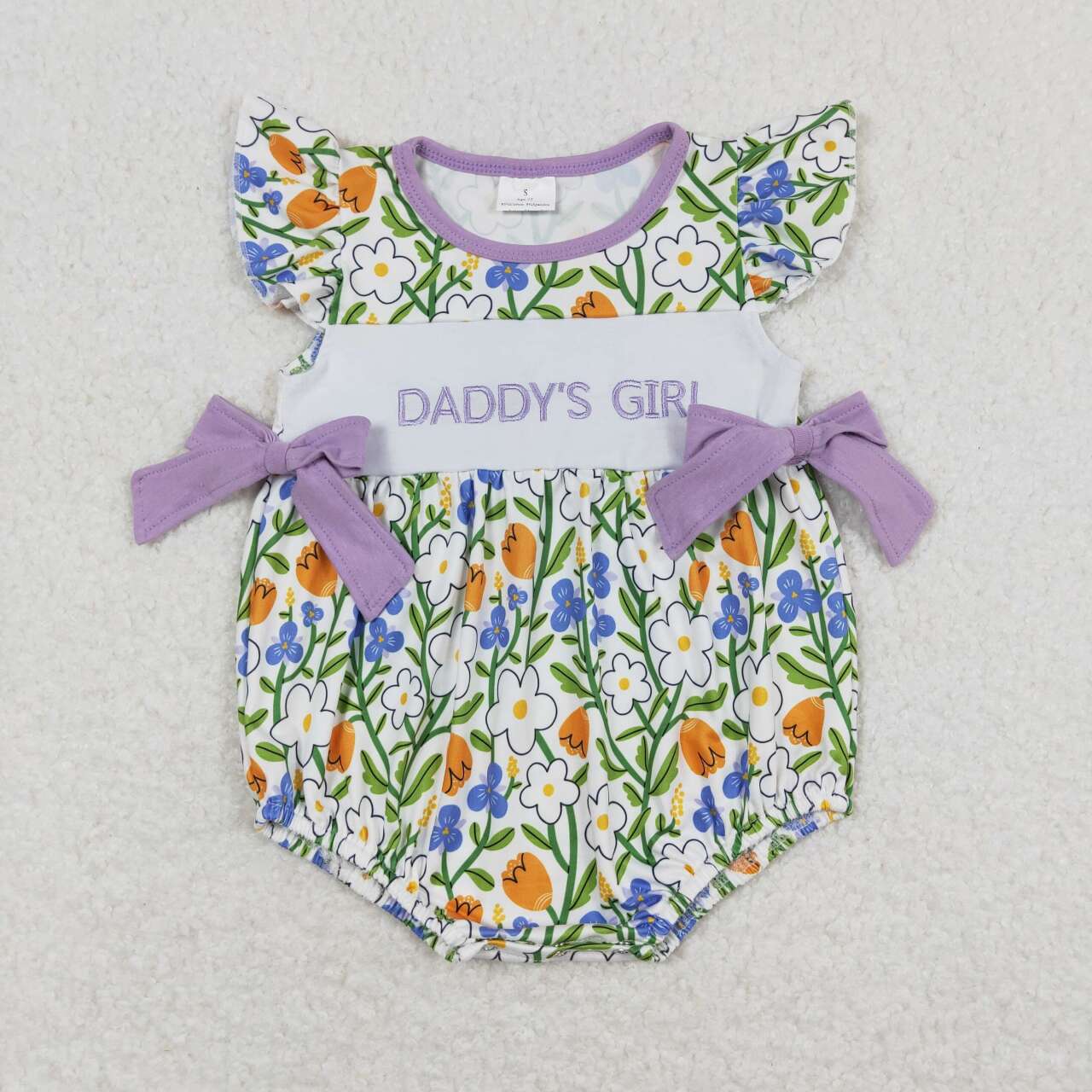 SR0891 embroidery daddy's girl flowers purple flutter sleeve girls romper