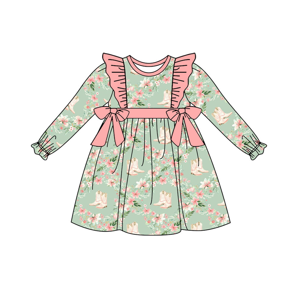 preorder GLD0566 Western boot flowers green long sleeve girls dress
