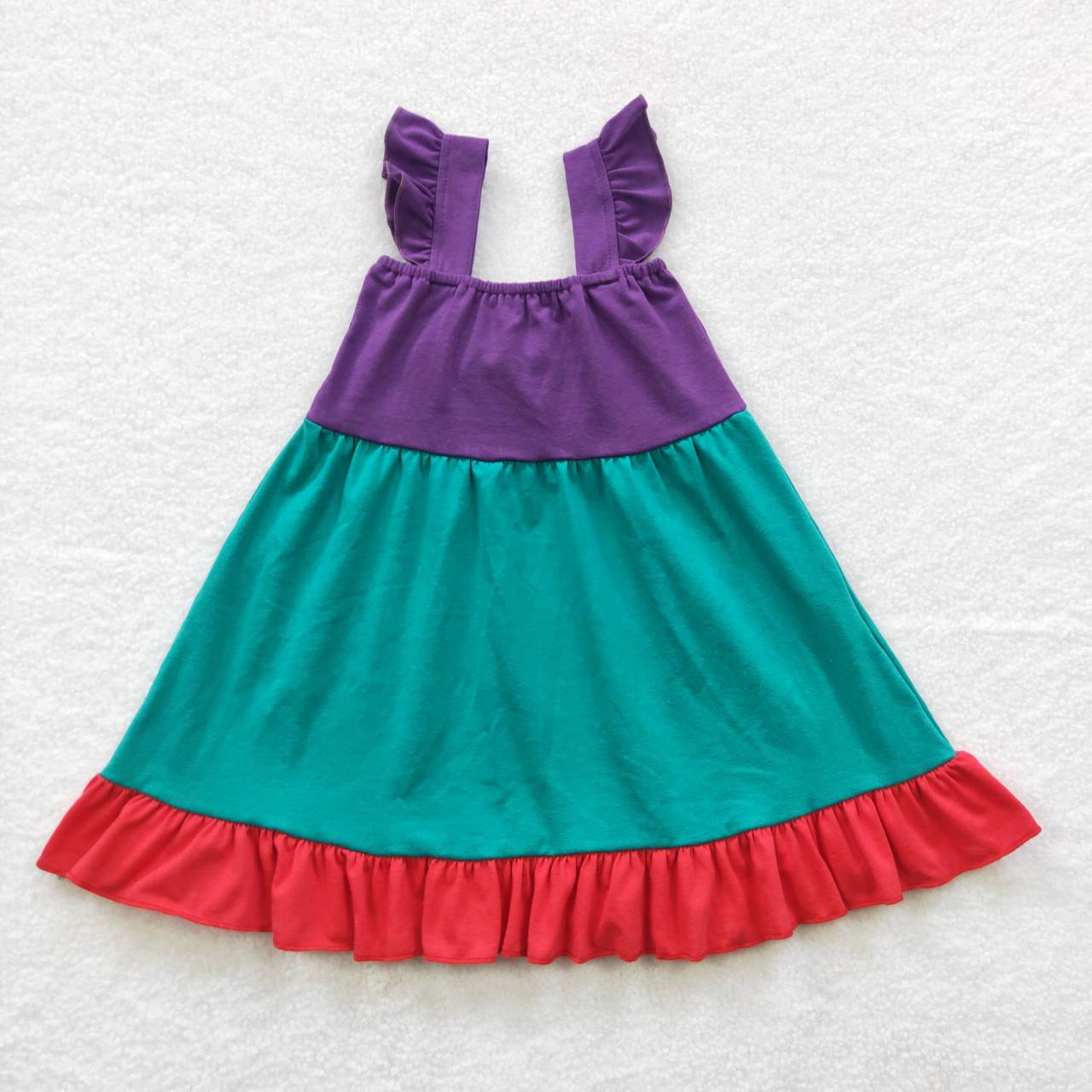 GSD0345 Flutter Sleeve Cartoon Green &Purple Red Bow Baby Kids Dress