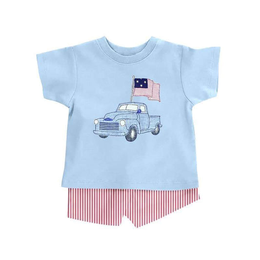 preorder July 4th truck blue short sleeve red striped shorts boys set