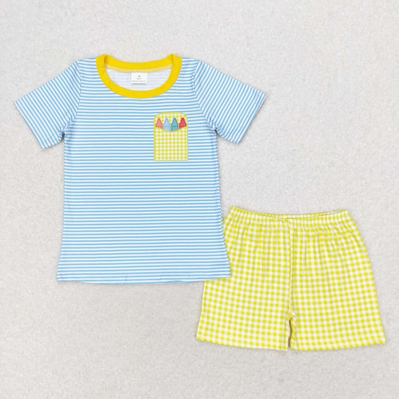 BSSO0983 back to school pen blue striped short sleeve yellow checkered shorts boys set