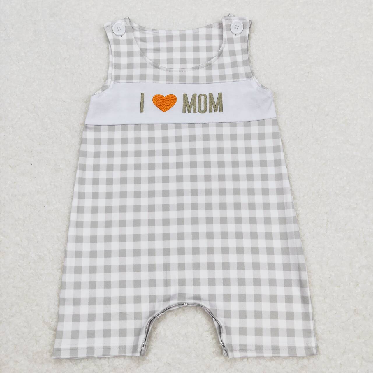 SR1132 embroidery I love Mom green checkered sleeveless boys romper