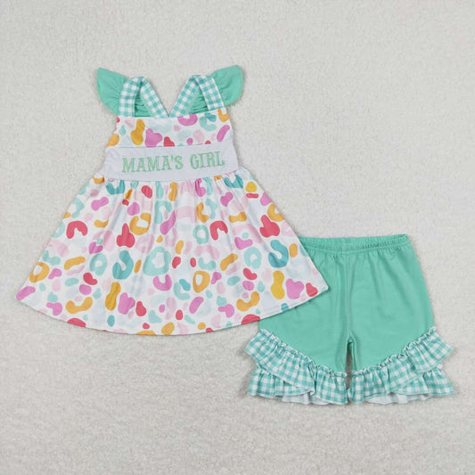 USA SHOP GSSO0815 embroidery mamas girl colorful leopard flutter sleeve green shorts girls set