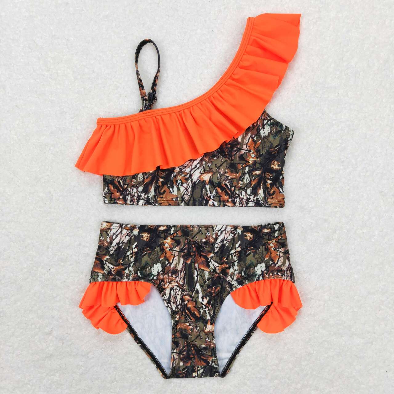 S0197 Orange Ruffles Branch Camo sleeveless girls swimsuits set