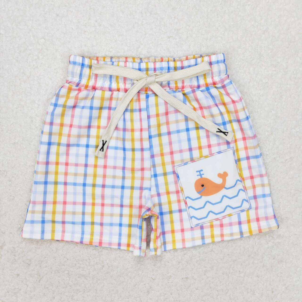 S0400 whale multi color checkered striped boys swimming trunk