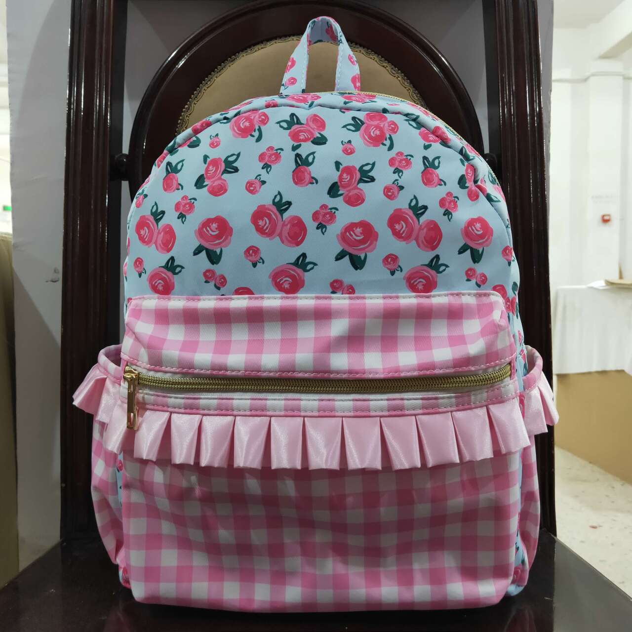 BA0217 pink flowers checkered kids bag