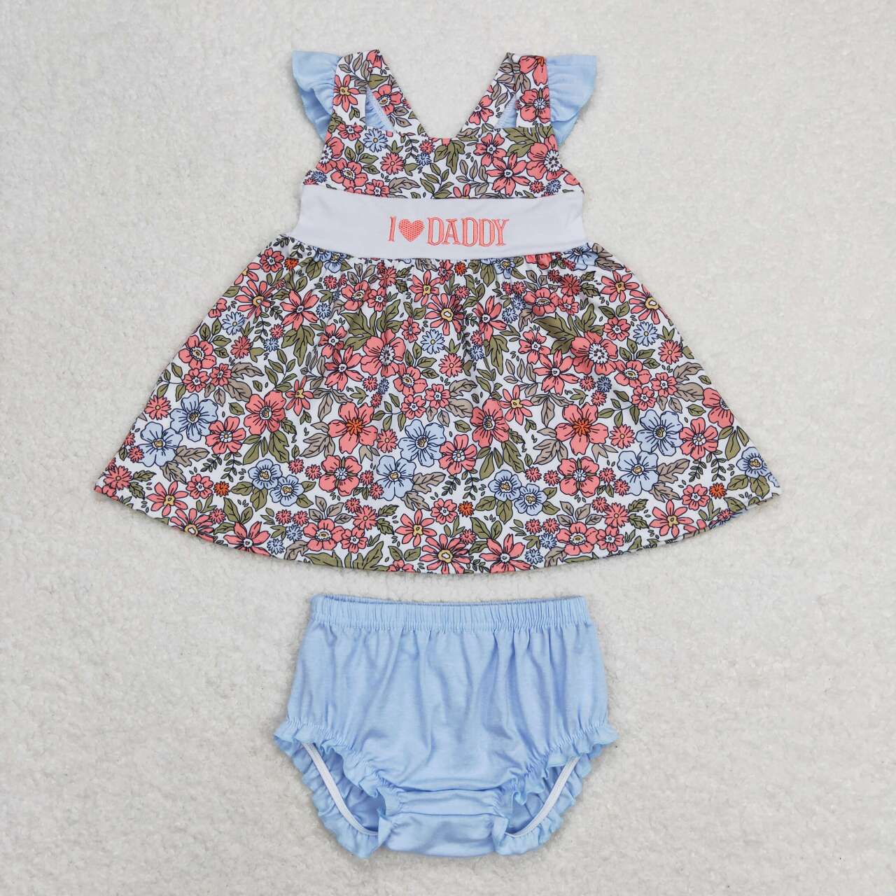 GBO0294 embroidery I love daddy pink flowers flutter sleeve blue girls bummies set