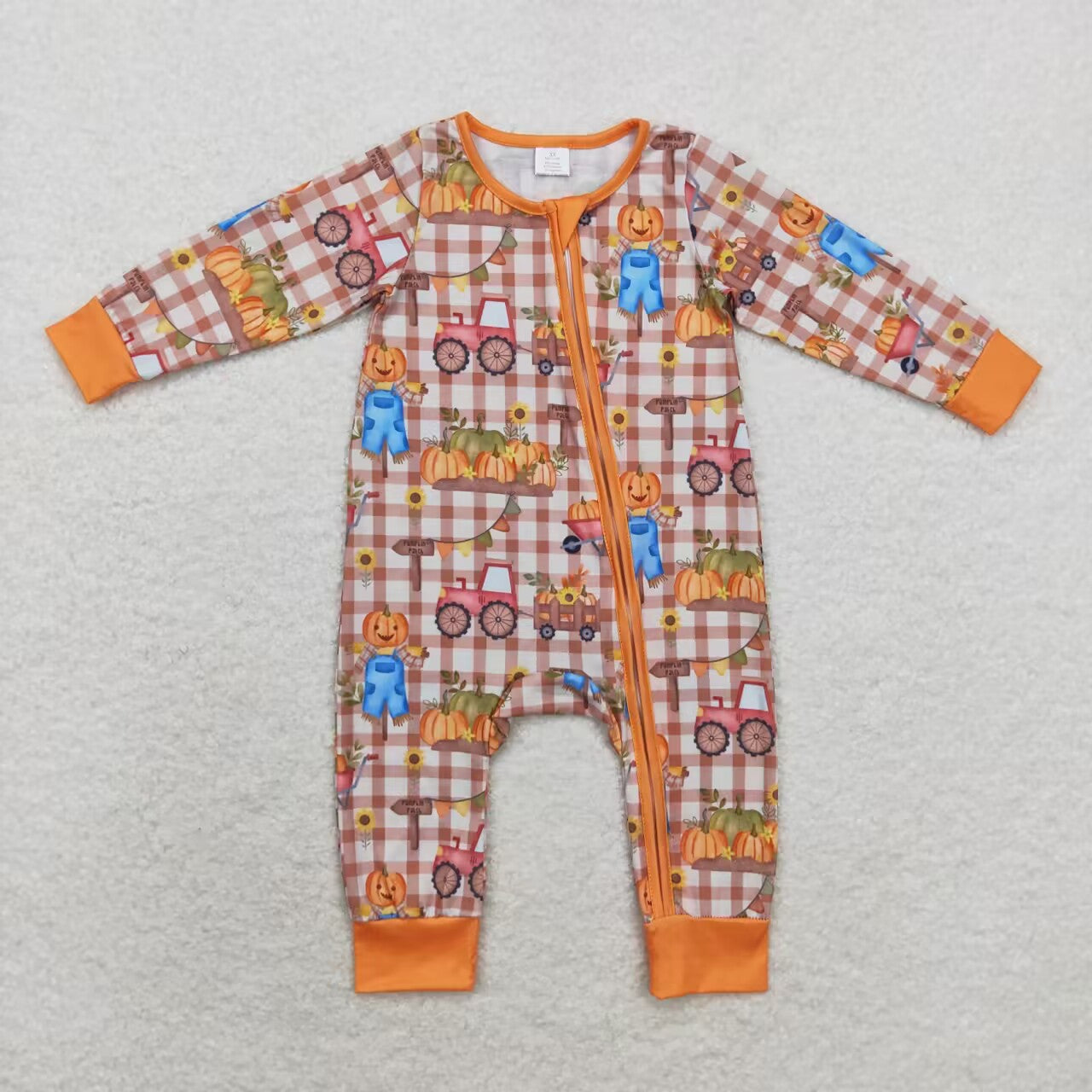 LR1046 bamboo farm Autumn full pumpkin checkered long sleeve zipper boys romper