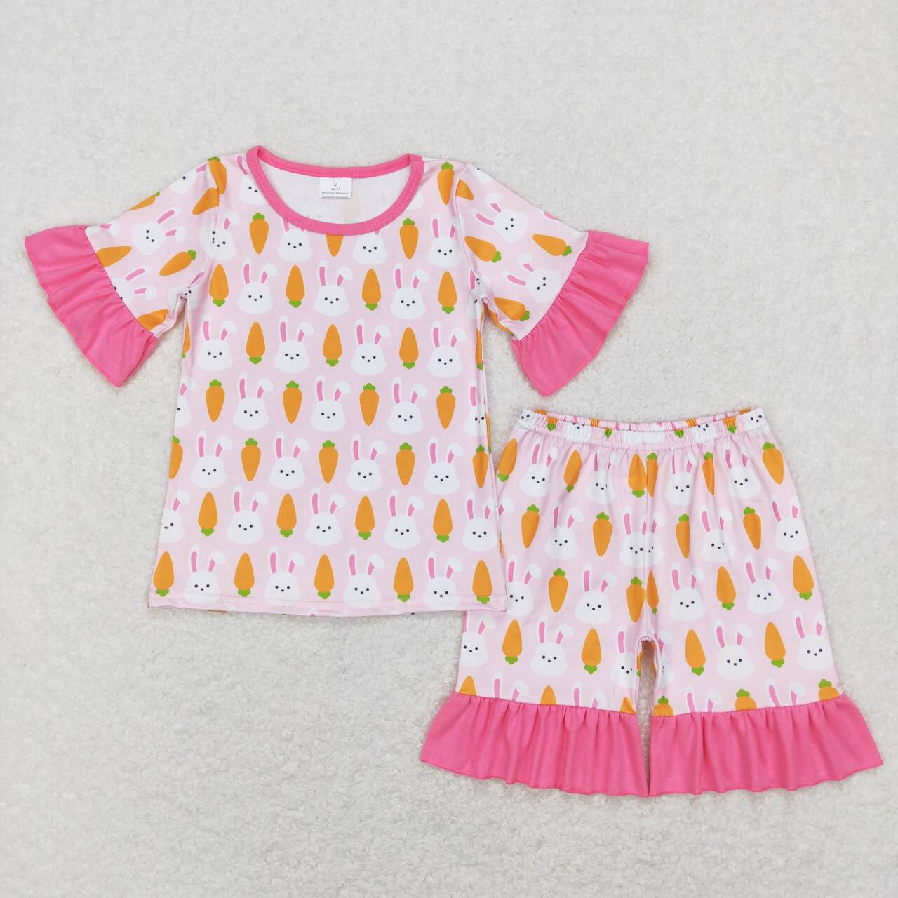 GSSO0407 Easter rabbit carrot pink short sleeve shorts girls set