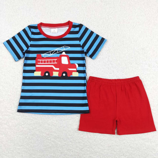 BSSO0469 Baby Boy Construction Fire Truck Blue Striped Short Sleeve Red Shorts Boys Set Kids Summer Clothes