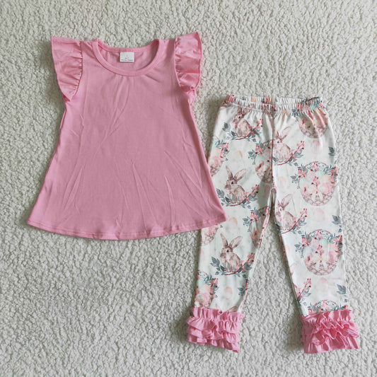 B13-28 Pink Flutter Sleeve Top Match Rabbits Ruffles Pants Easter Set