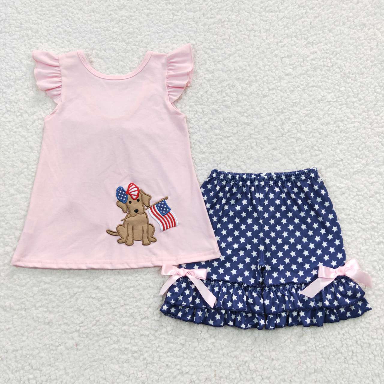 GSSO0236 July 4th Dog Pink Flutter Sleeve Blue Dot Girl Summer Set