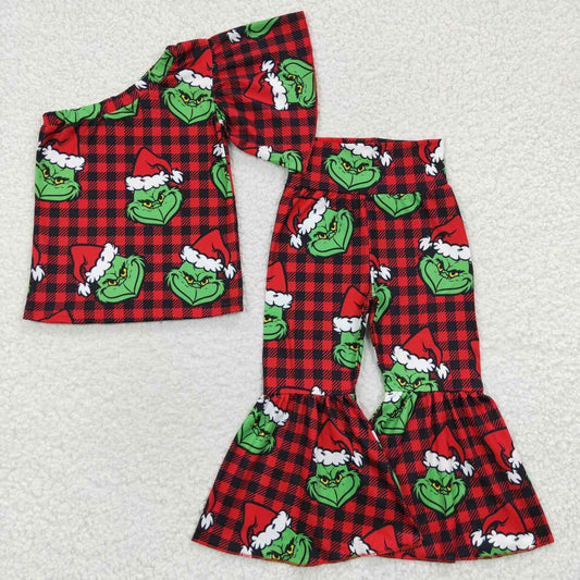 GSPO0654 Christmas Green Face Single Sleeve Top Red Cell Pants Girls Set