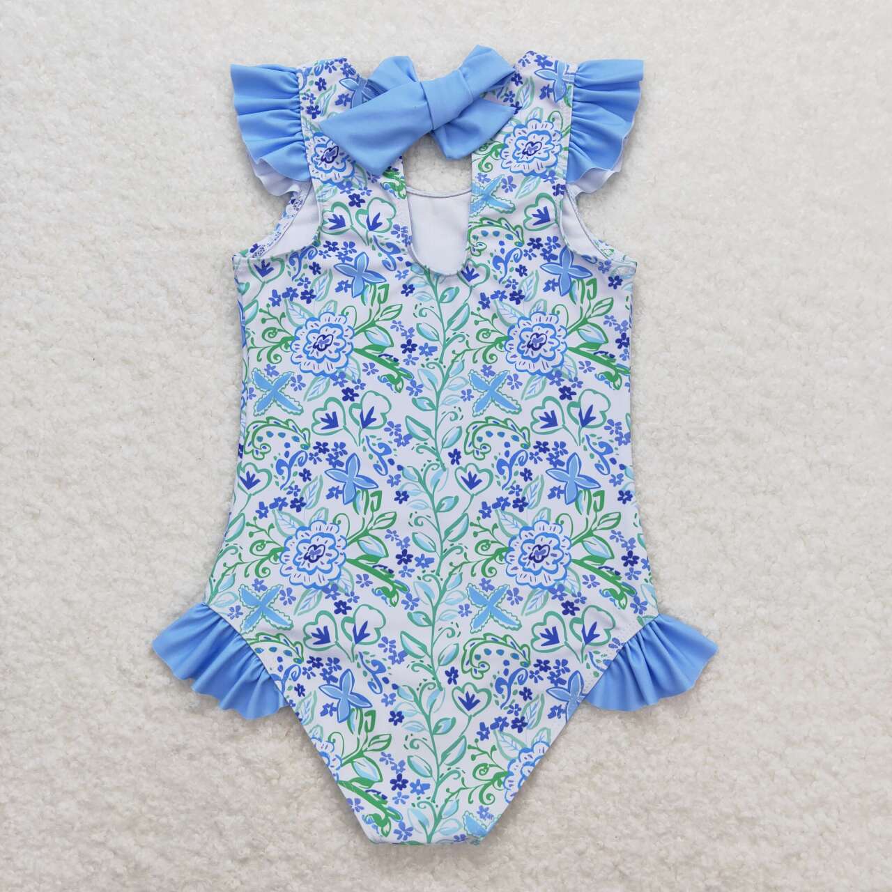 S0278 blue flowers flutter sleeve girls swimsuits