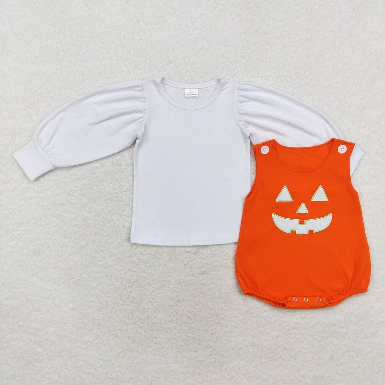 LR1702 embroidery Halloween white long sleeve pumpkin 2pcs girls romper