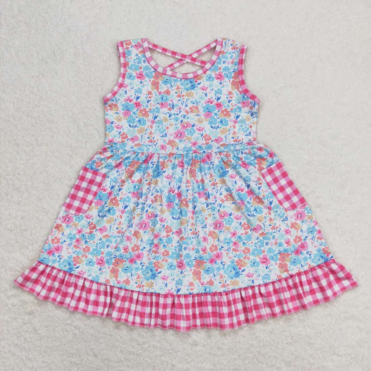GSD0950 colorful flowers hot pink pockets sleeveless girls dress