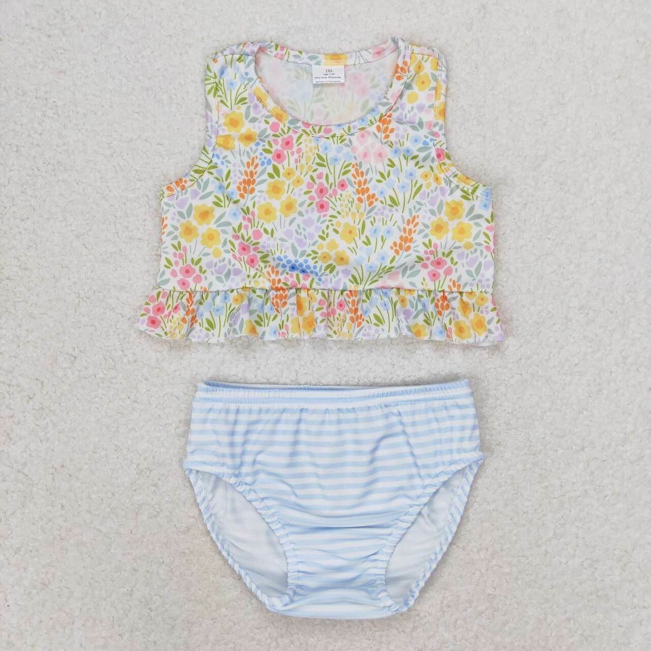 S0414 little flowers floral blue striped 2pc girls swimsuits