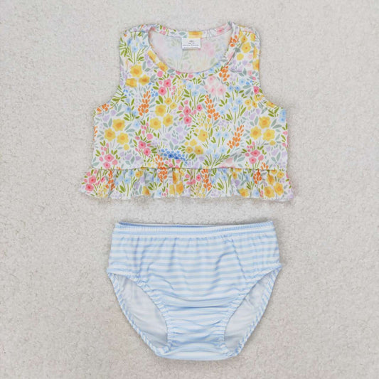 S0414 little flowers floral blue striped 2pc girls swimsuits