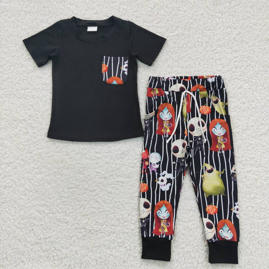 BSPO0105 Halloween Skull Black Pocket Short Sleeves Striped Print Pants Boys Clothes