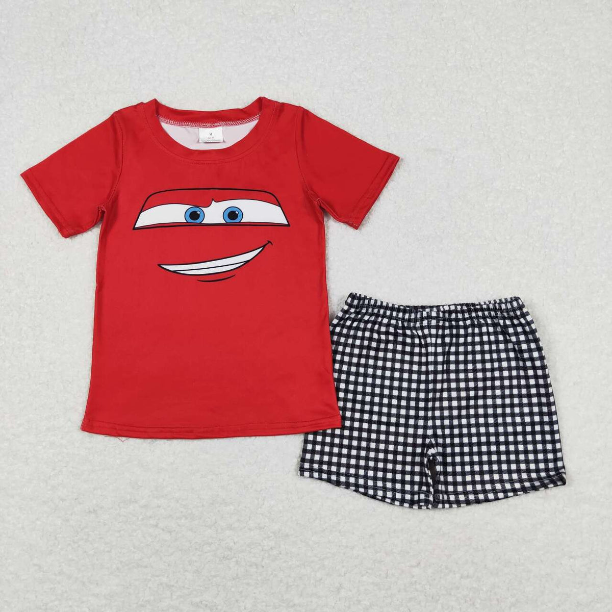 BSSO0654 Cartoon car red short sleeve black checkered shorts boys set
