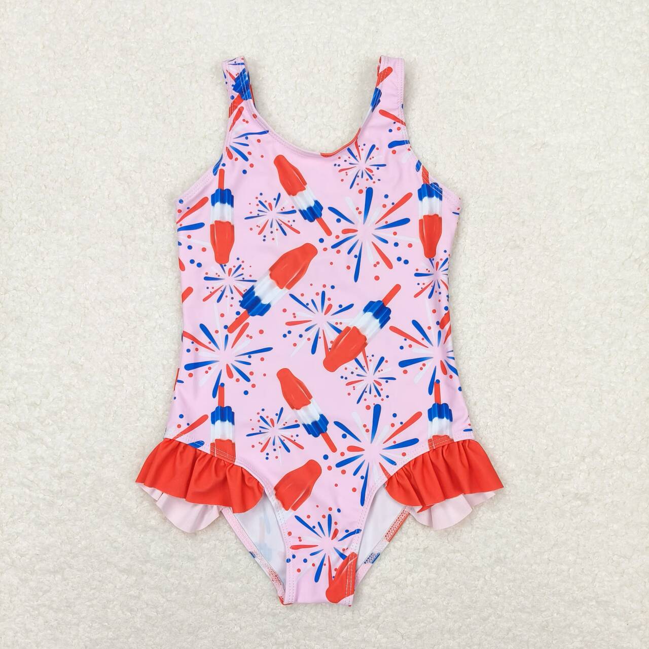 S0333 July 4th ice firework pink sleeveless girls swimsuits
