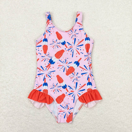 S0333 July 4th ice firework pink sleeveless girls swimsuits
