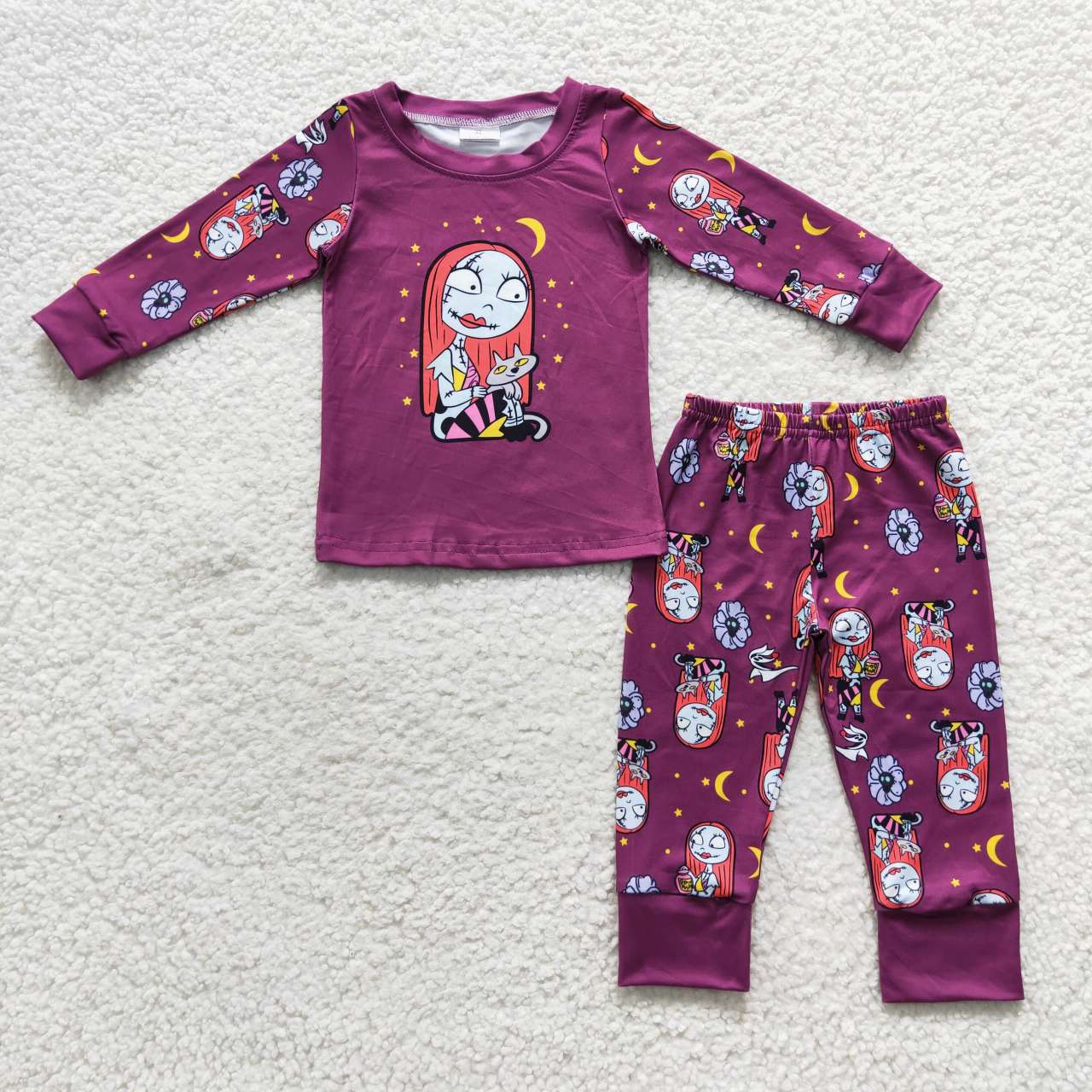 GLP0460 Halloween Moon Skull Purple Long Sleeves Girls Pajamas