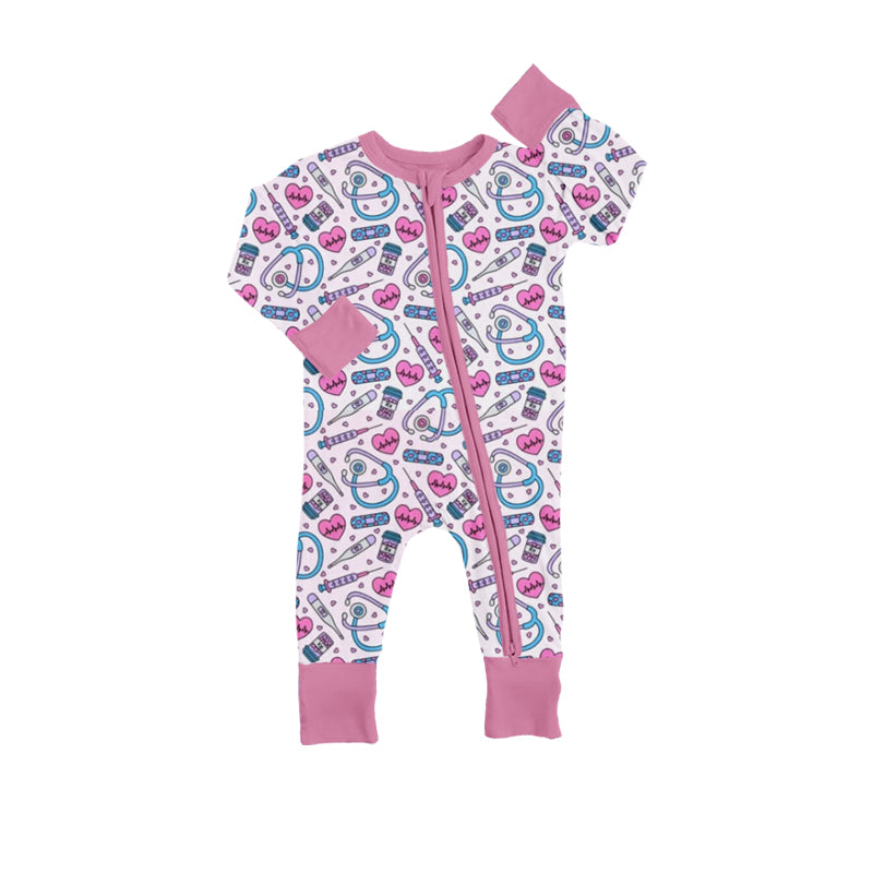 custom style Doctor pink long sleeve zipper girls romper