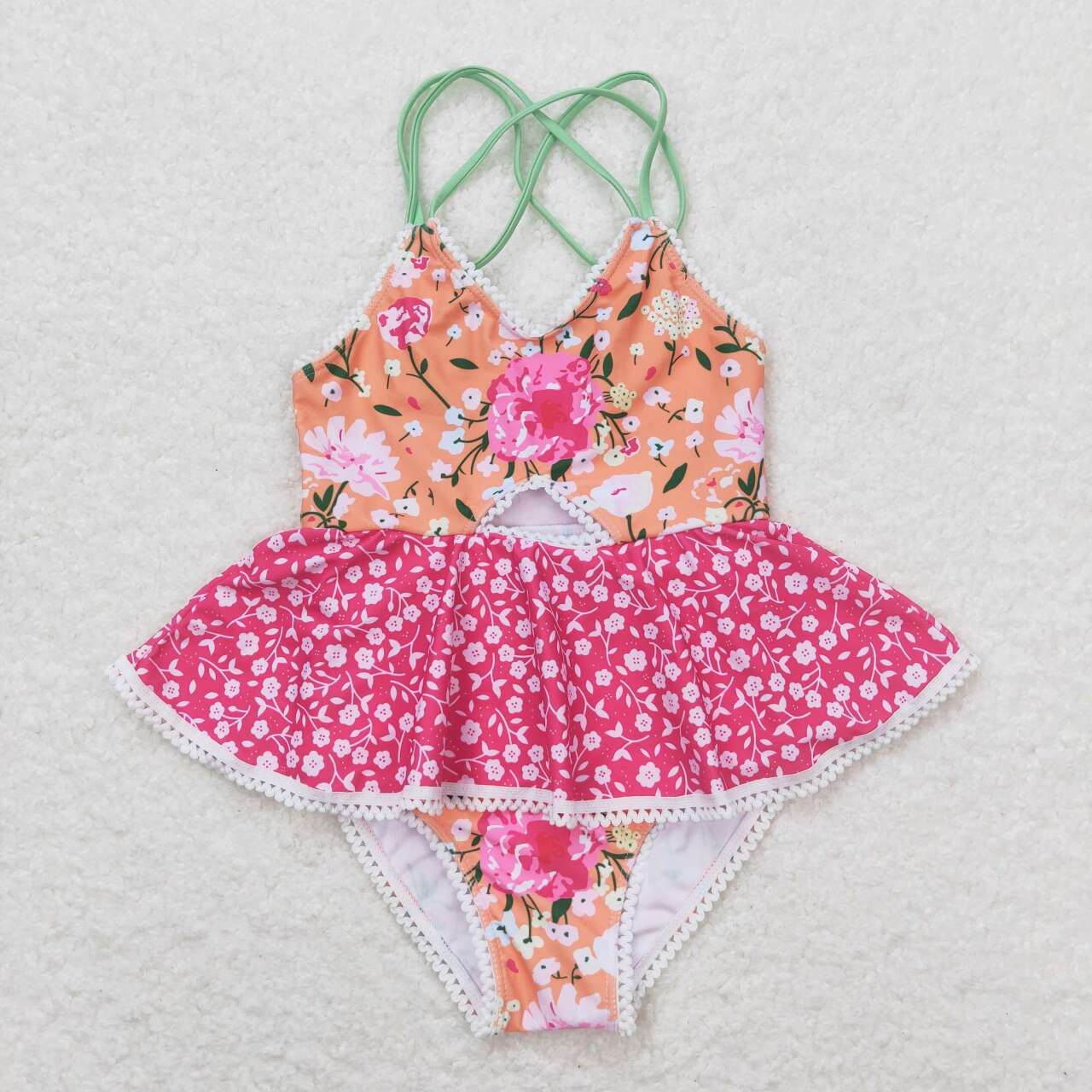 S0249 Hot pink flowers orange girls swimsuits