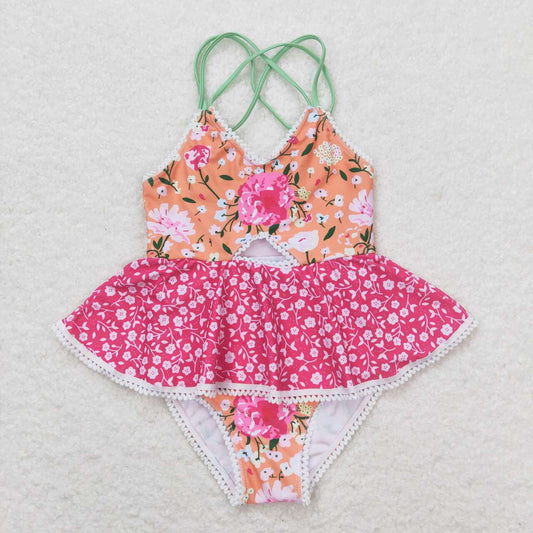 S0249 Hot pink flowers orange girls swimsuits