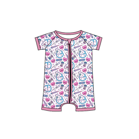 custom style Doctor pink short sleeve zipper girls romper