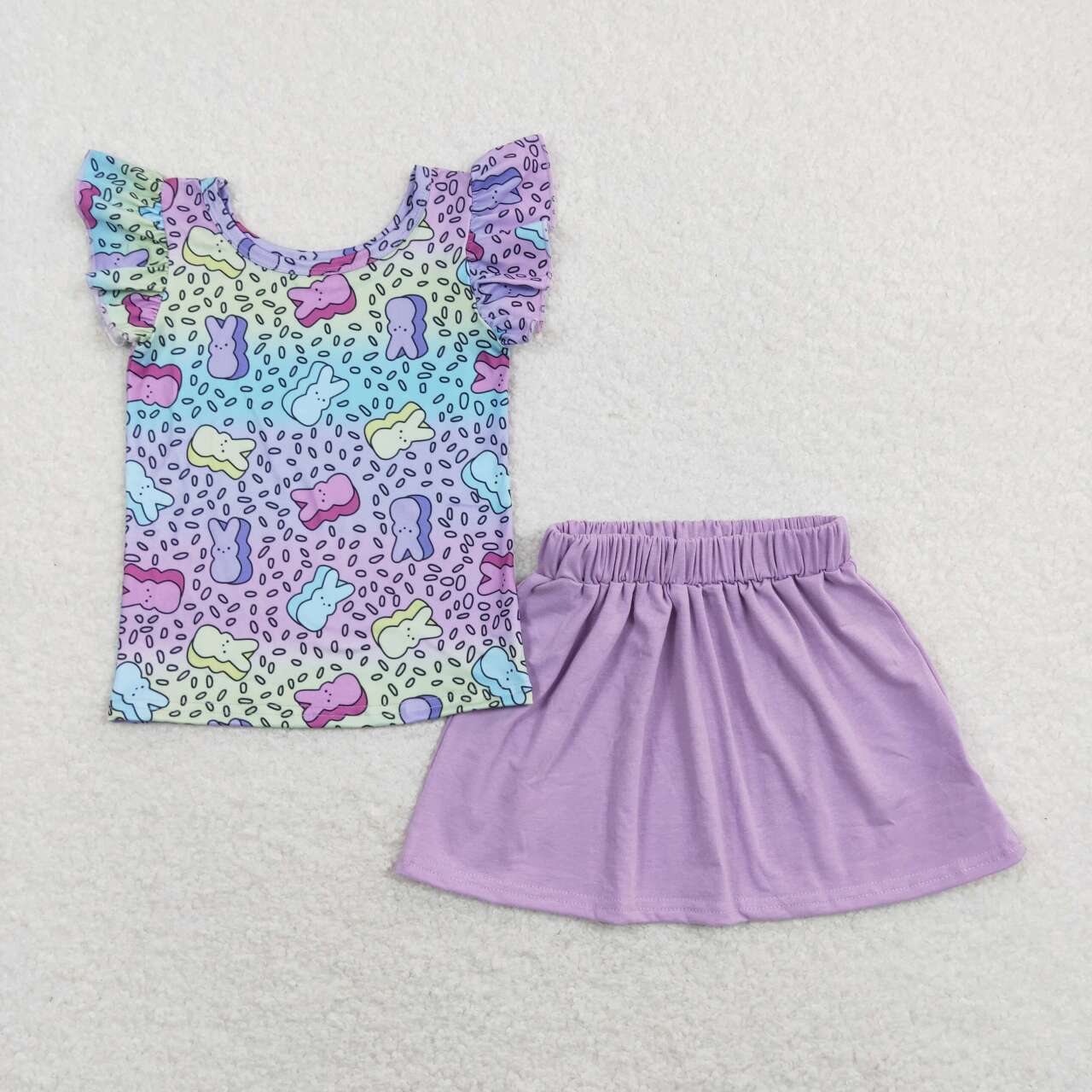 GSD0768 Easter Colorful Rabbit Leopard Short Sleeve Purple Skirt Girls Set