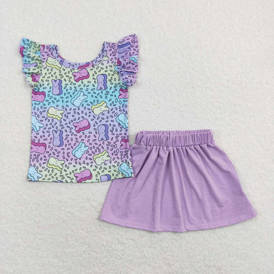 GSD0768 Easter Colorful Rabbit Leopard Short Sleeve Purple Skirt Girls Set