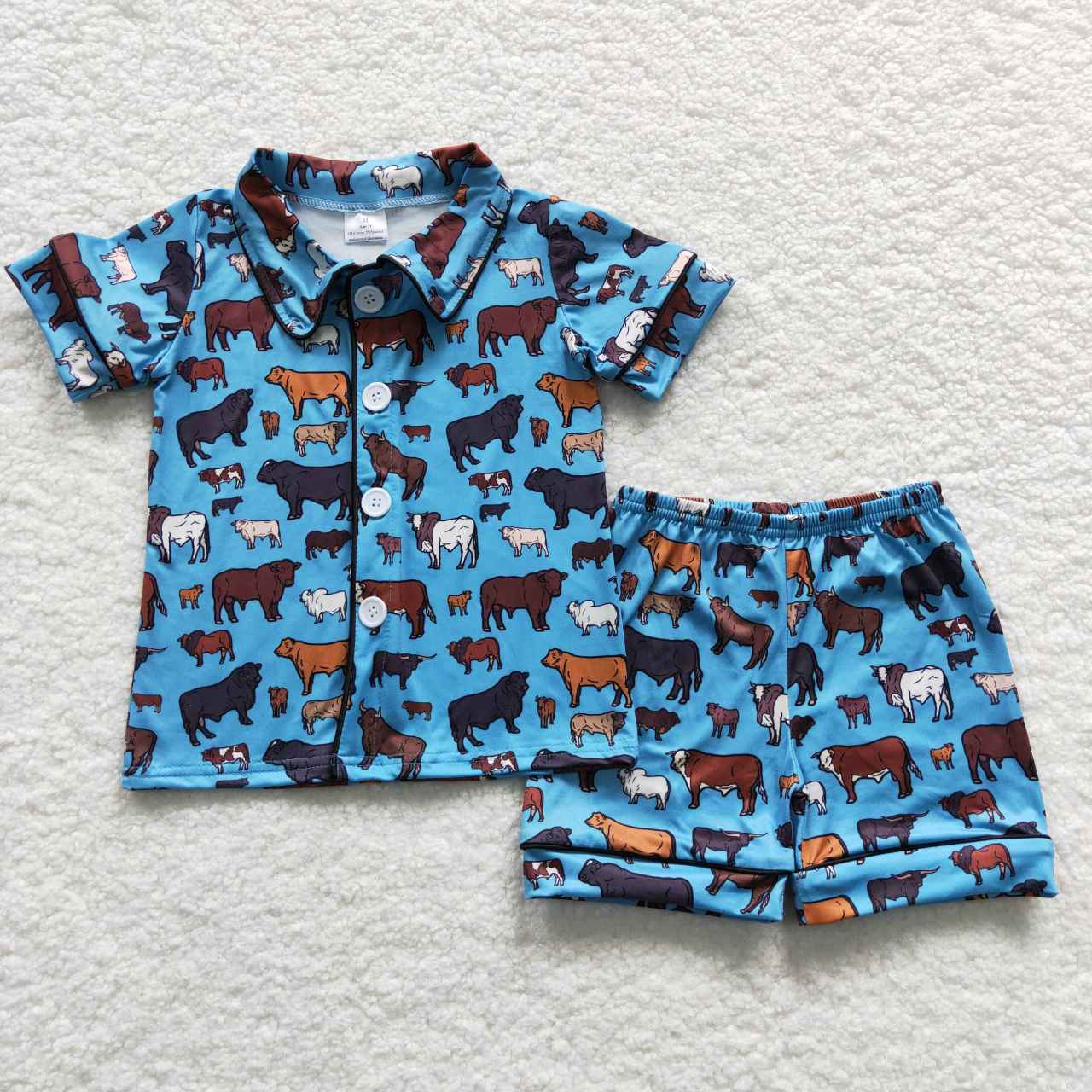 BSSO0276 Cow Cattle Blue Short Sleeve Kids Shorts Pajamas