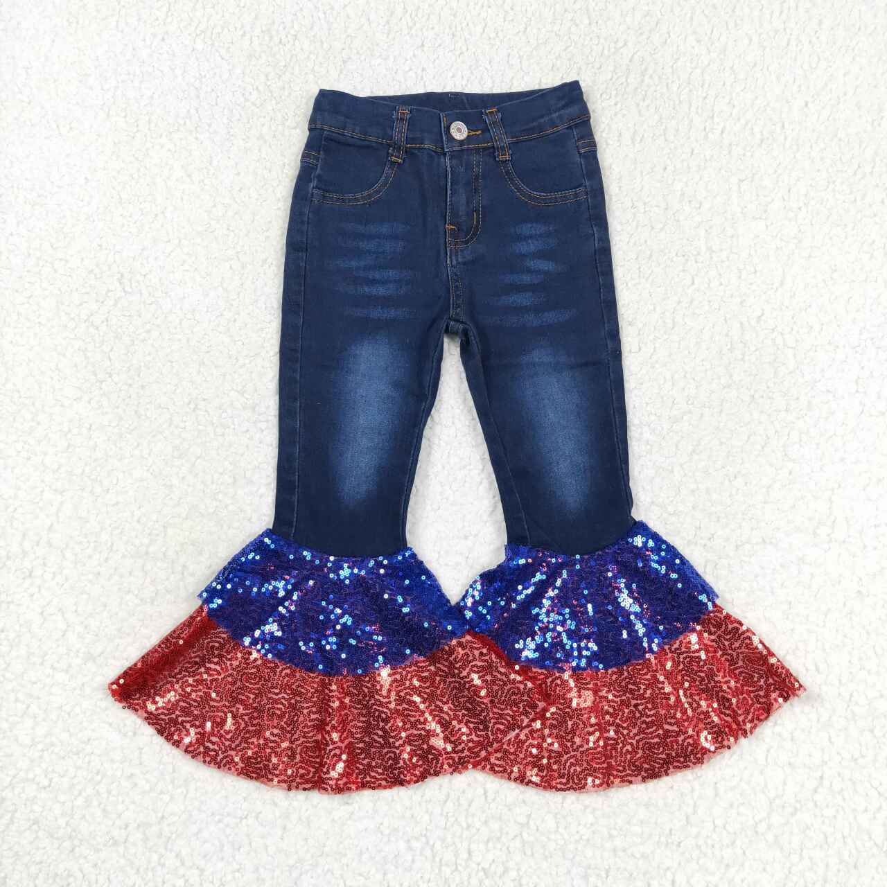 P0430 July 4th red blue sequin denim pants girls jeans