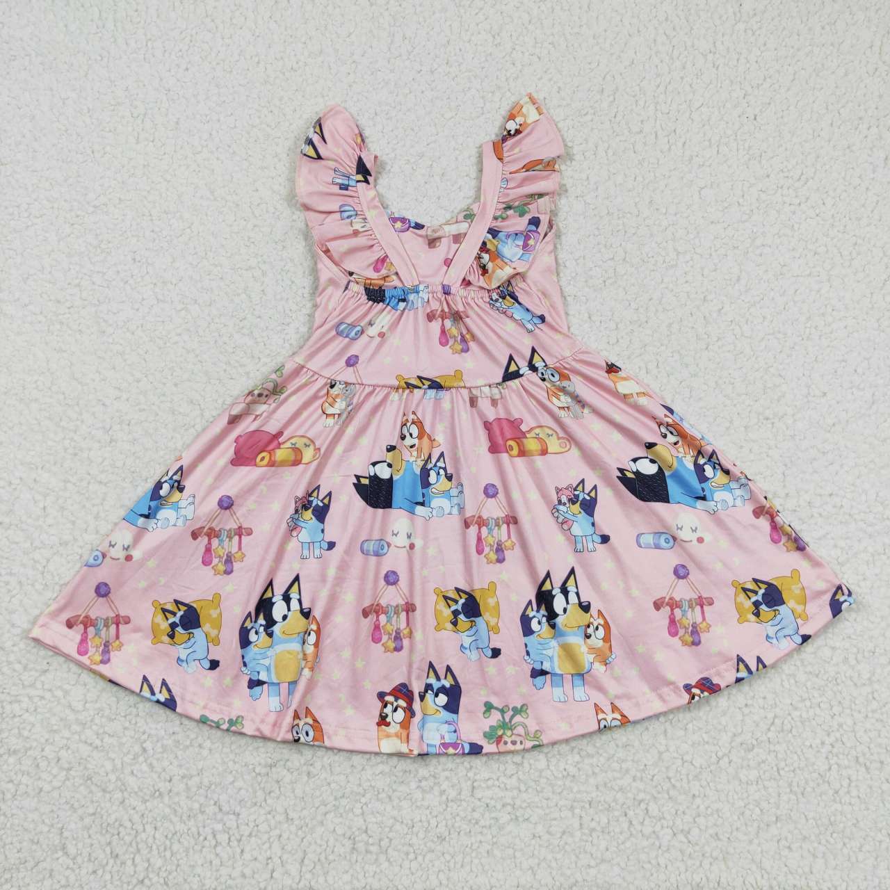 GSD0422 Cartoon Dogs Pink Flutter Sleeves Girls Summer Dress