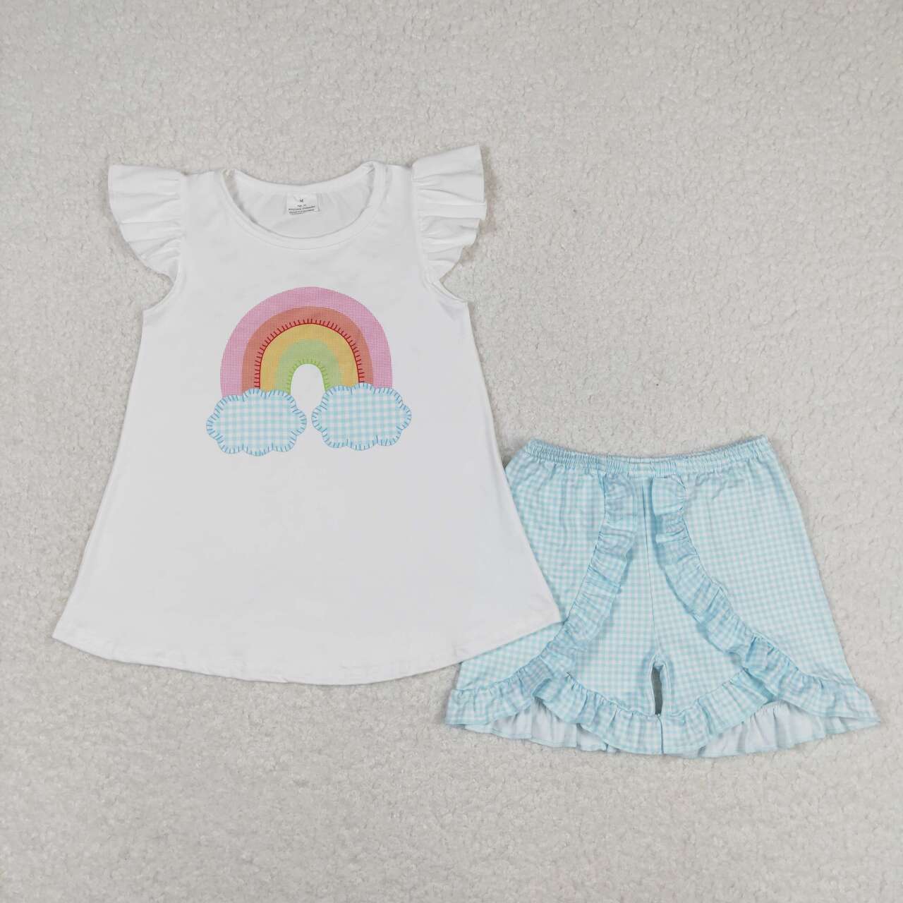 GSSO0827 rainbow white flutter sleeve blue checkered shorts girls set