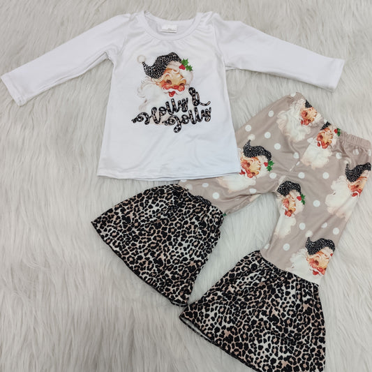 6 A14-13 Newborn Long Sleeve Christmas Santa Adorable Print Leopard Bell Bottom Pants Sets