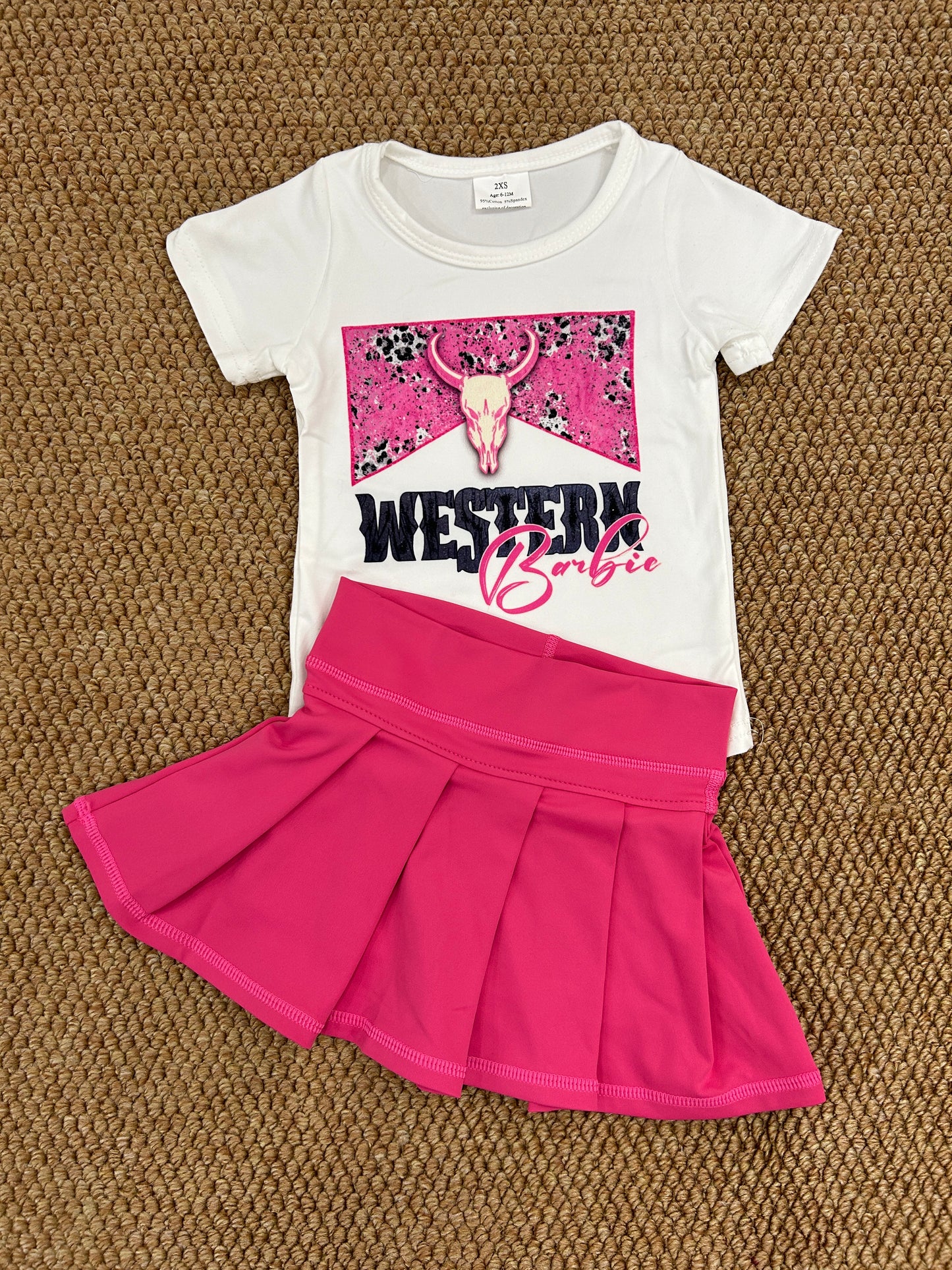 Western cow short sleeve yoga hot pink skirt skort girls set