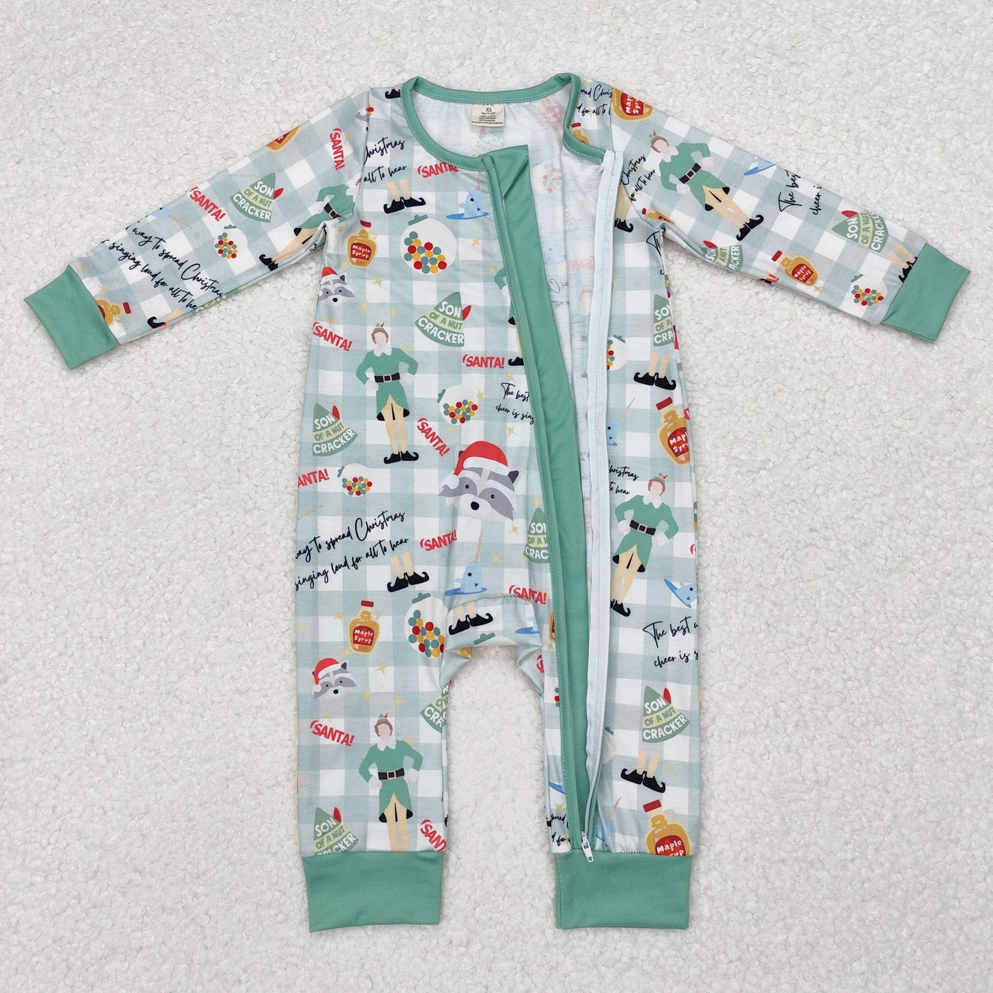 bamboo LR1641 Christmas cartoon animals green checkered long sleeve zipper boys romper