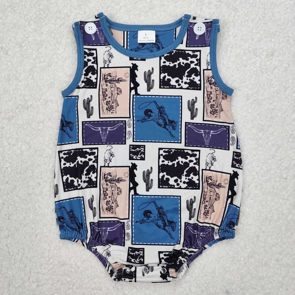 SR2700 Western rodeo cactus sleeveless boys blue romper