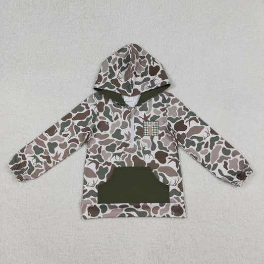 embroidery BT1304 hunting deer camo pocket hoodie long sleeve boys top
