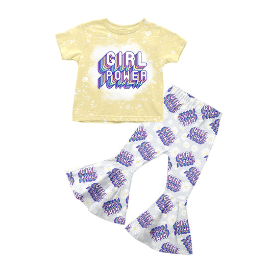 preorder GSPO1092 Girl power yellow short sleeve purple pants girls set