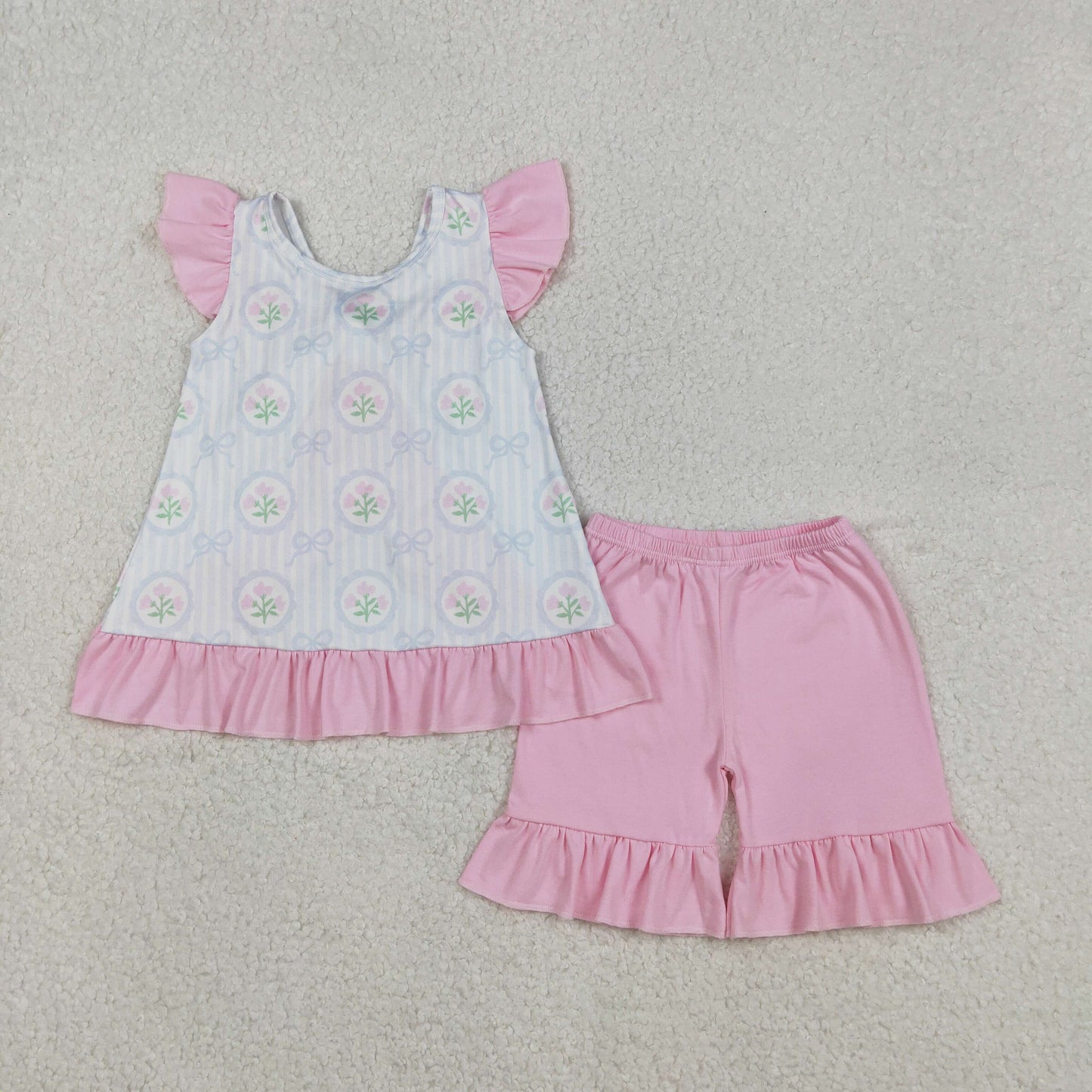 GSSO2732 pink flowers blue bows with bow flutter sleeve pink shorts girls set