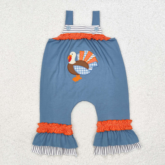 embroidery SR1952 Thanksgiving turkey blue sleeveless girls romper