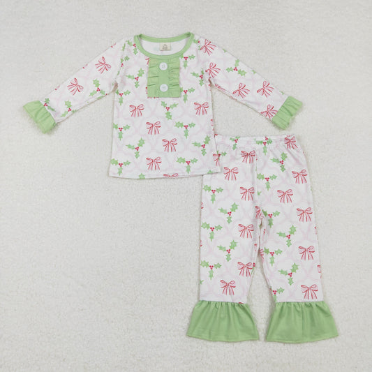 bamboo GLP1487 Christmas pink bows Holly Berry long sleeve pants girls pajamas