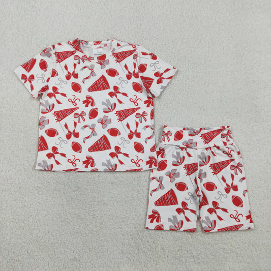 GSSO2727 football team go fight red grey bows short sleeve shorts girls set