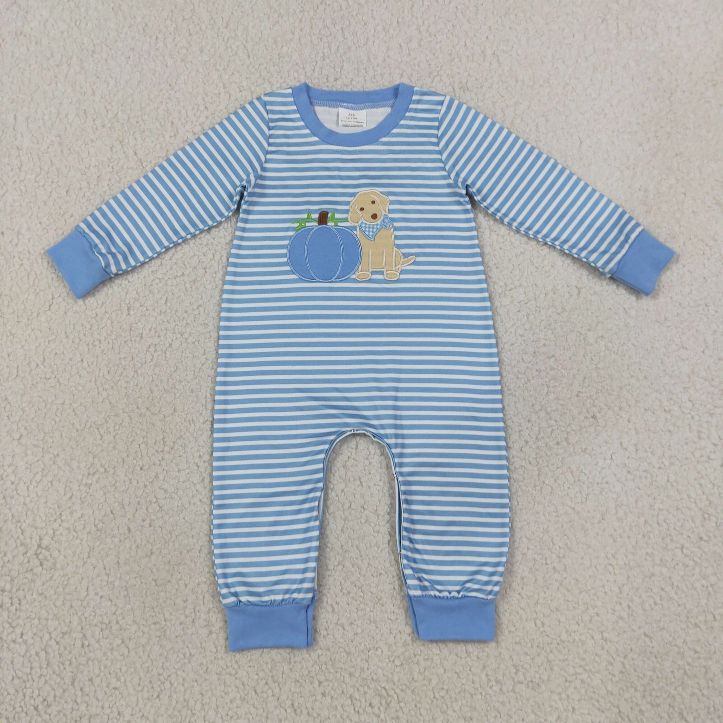 Embroidery LR3141 Pumpkin Dog Blue Striped Long Sleeve Boys Romper