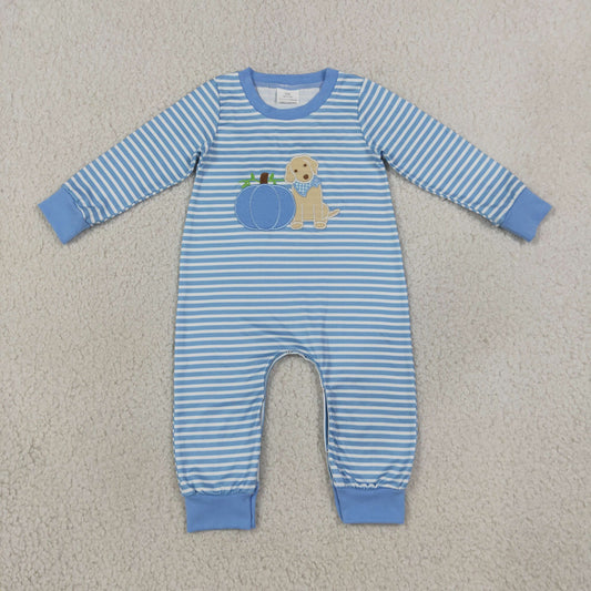 Embroidery LR3141 Pumpkin Dog Blue Striped Long Sleeve Boys Romper
