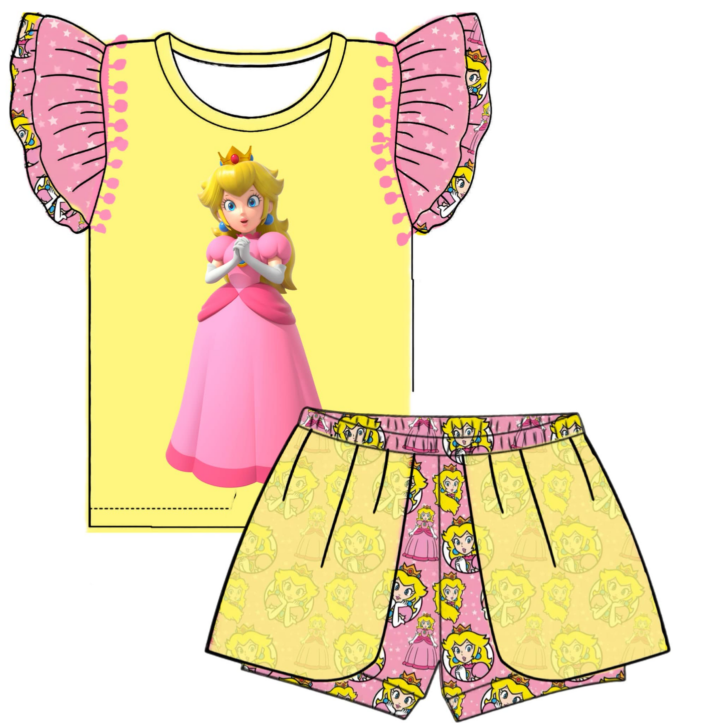 custom style cartoon cute princess pink flutter sleeve shorts girls set tat 6-8 weeks